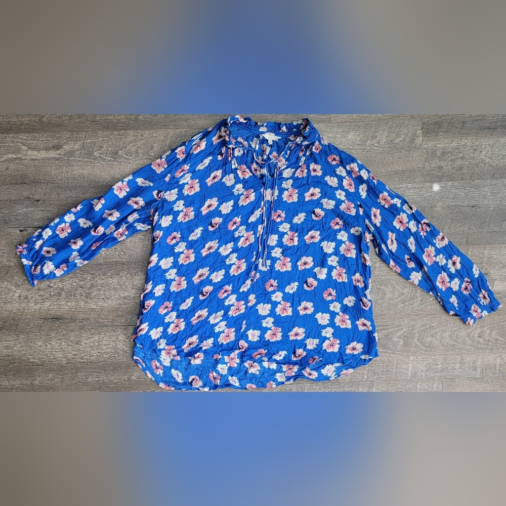 Lucky Brand Cold Shoulder Peasant Top Women's 2X Blue & Pink Floral Flowy Tunic - Picture 5 of 14